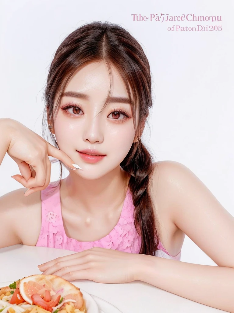 There is a woman sitting at a table with a plate of food, dilraba dilmurat, tzuyu of two times, jaeyeon nam, pale korean adorable face, parque me, heonhwa choe, with a cute face - fine, jinyoung shin, South Korean popular makeup, Popular Korean makeup, bae suzy, Lee Ji Eun