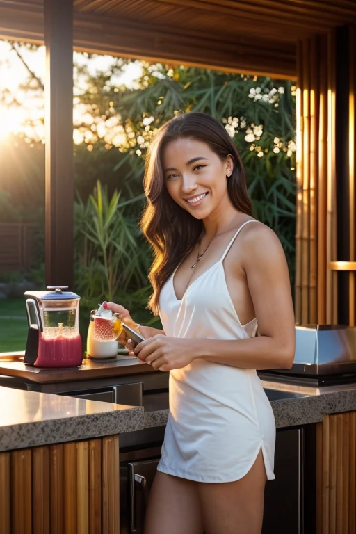 Medium Shot, sunset, (Scarlett Emerson blending a smoothie, content smile), golden backlight, (in a minimalist outdoor kitchen, bamboo furniture, zen garden), (50mm lens, Sony A7R IV, sharp details, professional, environmental photography, trending on Instagram), by Ansel Adams and Gregory Crewdson and Irving Penn