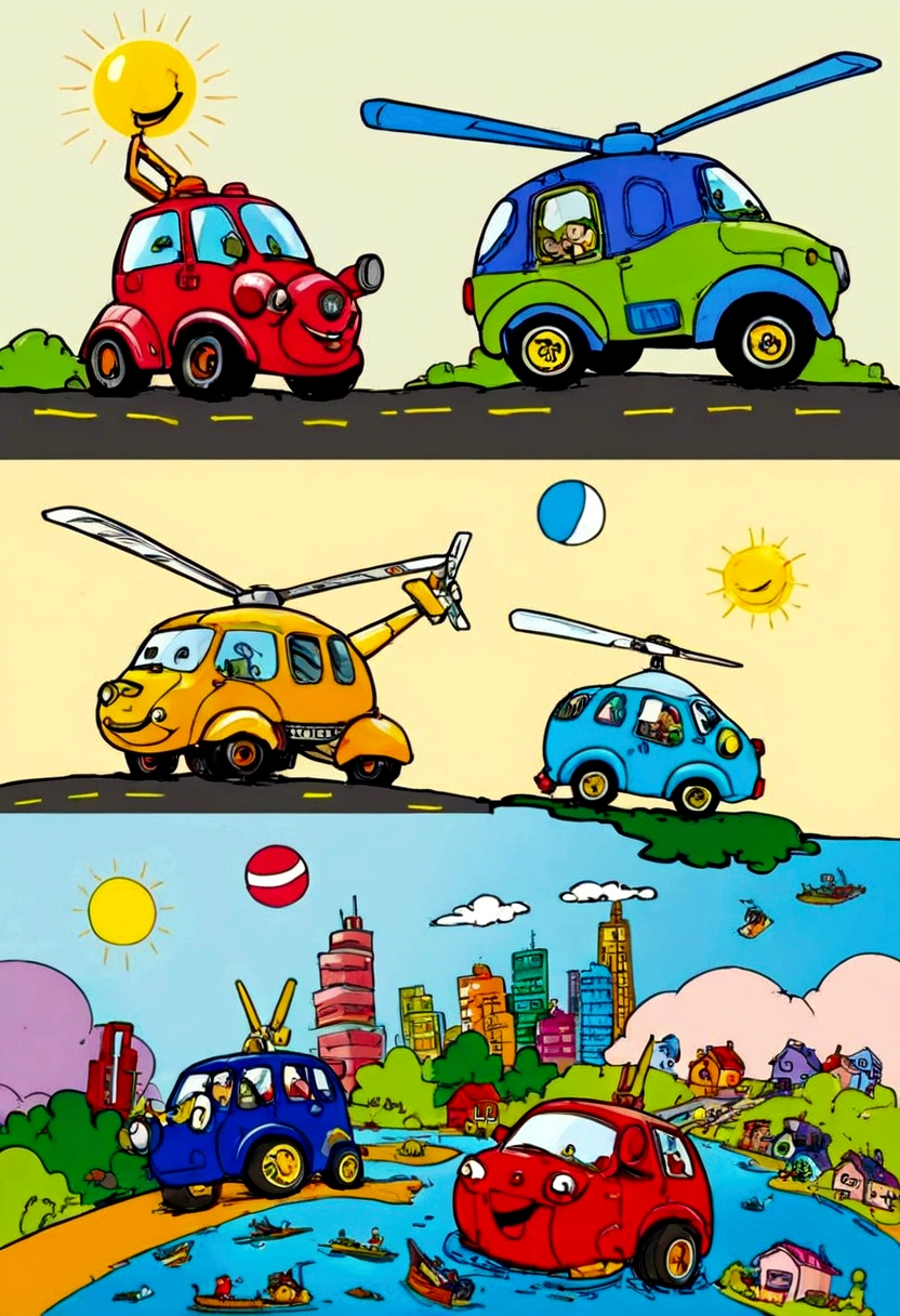 Draw a picture about the beautiful futureCity，The key word is children&#39;s painting，Simple，Science Fiction，future，Science Fiction Awareness，common sense，Scientific and technological development，City，美好 a drawing of a drawing of a city with A car, A helicopter, A car, A helicopter, A car, truck, A helicopter, A car, author：Louis Molinari, Future cars and mecha, author：Victor Oliva, author：Vladimir Vasicek, Machines and the future, author Oskar Lüthy，A little more sci-fi，Cars can fly in the sky Draw the above picture in the style of children&#39;s simple drawings