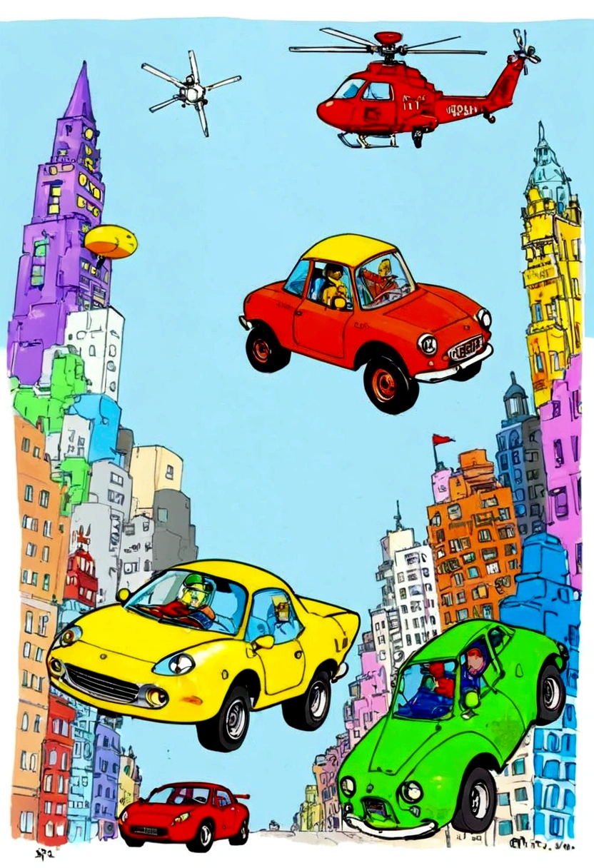 Draw a picture about the beautiful futureCity,The key word is children's painting,Simple,Science Fiction,future,Science Fiction Awareness,common sense,Scientific and technological development,City,美好 a drawing of a drawing of a city with A car, A helicopter, A car, A helicopter, A car, truck, A helicopter, A car, author:Louis Molinari, Future cars and mecha, author:Victor Oliva, author:Vladimir Vasicek, Machines and the future, author Oskar Lüthy,A little more sci-fi,Cars can fly in the sky Draw the above picture in the style of children's simple drawings