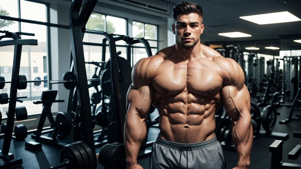 A standing bodybuilder showing his muscular and defined shoulders after making a workout in a gym ambient