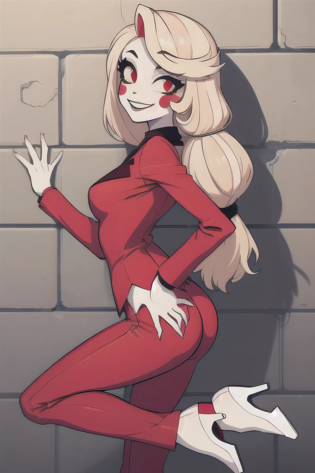 (masterpiece, best quality:1.2), 1girl, solo, 2 hands, blonde hair, yellow sclera, red eyes, looking at the viewer, red suit, red pants, high heels, white heels, red cheeks, pale skin, , smiling, sexy, against wall, hands on ass facing wall 