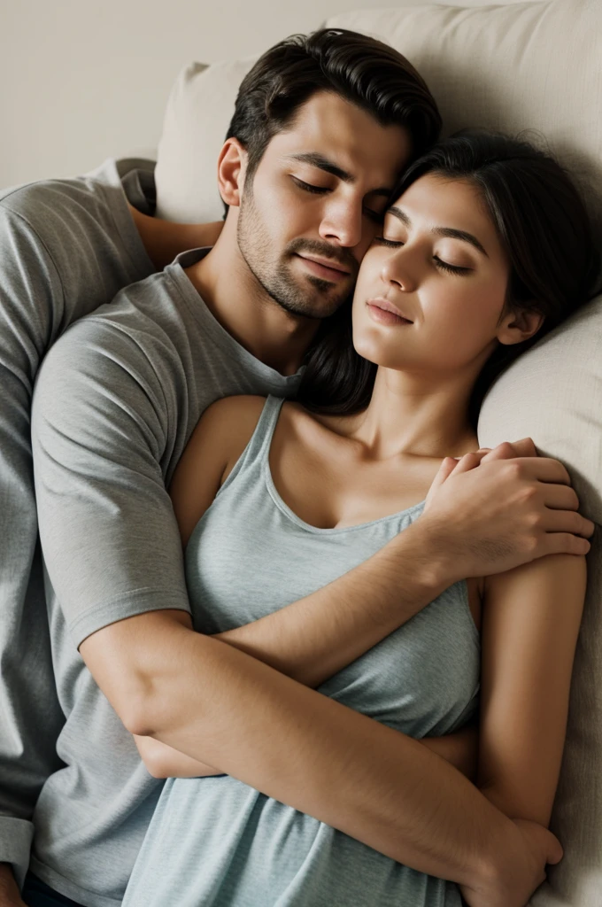 A girl sleeps with her husband hugging him tightly by the neck while he hugs her by the waist