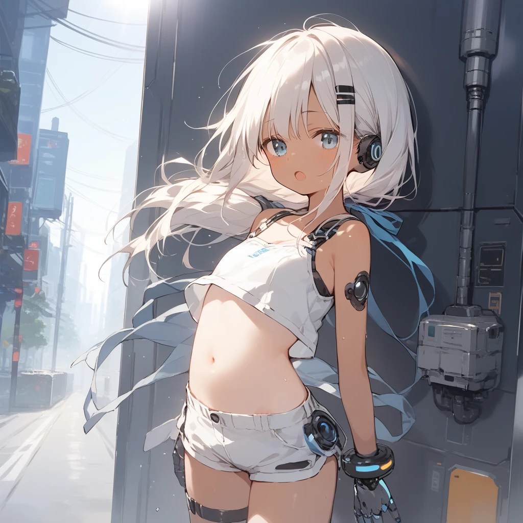 score_9, score_8_up, score_7_up, source_anime, best quality, masterpiece, official art, absurdres, highres, ultra-detailed,waifu2x,Collection: Slice of Life,break,1girl, cyborg girl, briliant azure eyes, crop top cyborg armor, futuristic headset, futuristic tech, mindcontrol device installed on head, yes covered with tech, tomboy, tanned-skinned female, short hair, low ponytail, flat chest, beautiful detailed eyes, sweat, open mouth, (yawn:0.3), sleepily, standing, futuristic city, wind, break, from bellow, ((show belly)), ((show upper legs)) (clear line illustration:1.2),very high resolution, very aesthetic, super detailed skin, Best sexual lighting powered by famous artist, 8k,cute picture,beauty illustration,photoshop_(medium),,(Detailed Lighting),best anime 8k konachan wallpaper, pixiv contest winner, 