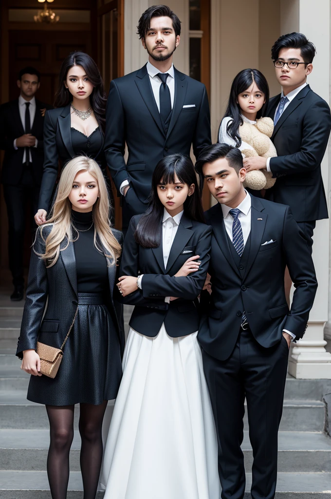 family,man with suit,woman in expensive clothes, with a bear,Emo Teen Girl.