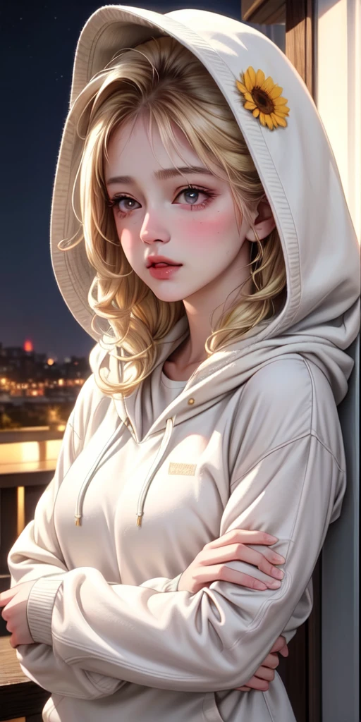 realistic, 1woman, blond hair, brown eyes, glowing eyes, white hoodie, pant, blush, night, flowers, sun, sunlight, mature woman in her twenties, 