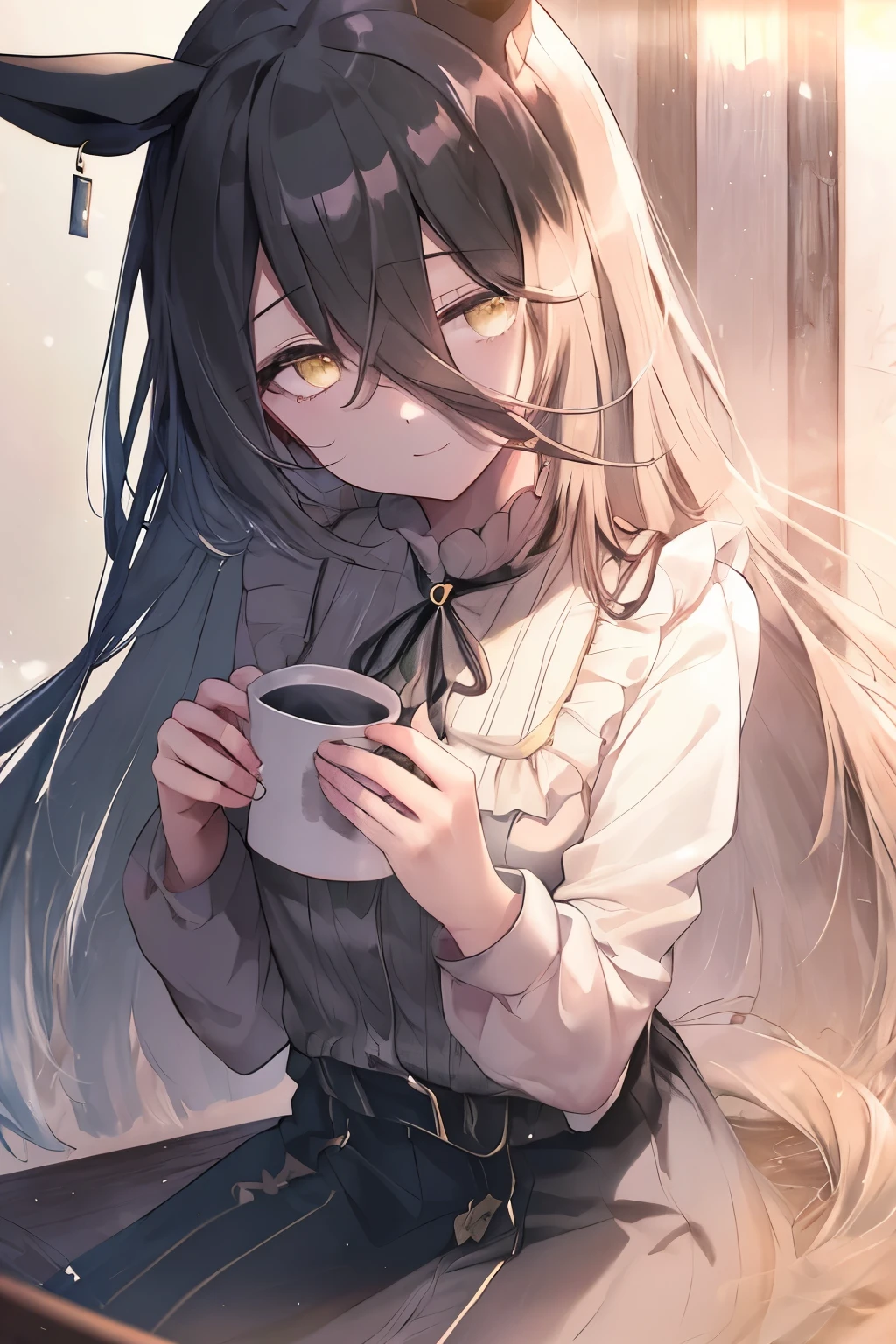 1girl,white sweater,grey hair,long hair, straight hair, black chocker,blue jeans, holding mug ,wooden desk, sitting chair,from side, looking away, black cap, yellow eyes, narrow eye,put your elbows on the desk, comfortable,masterpiece,best quality, ultra detail, beautiful eyes,perfect hand,