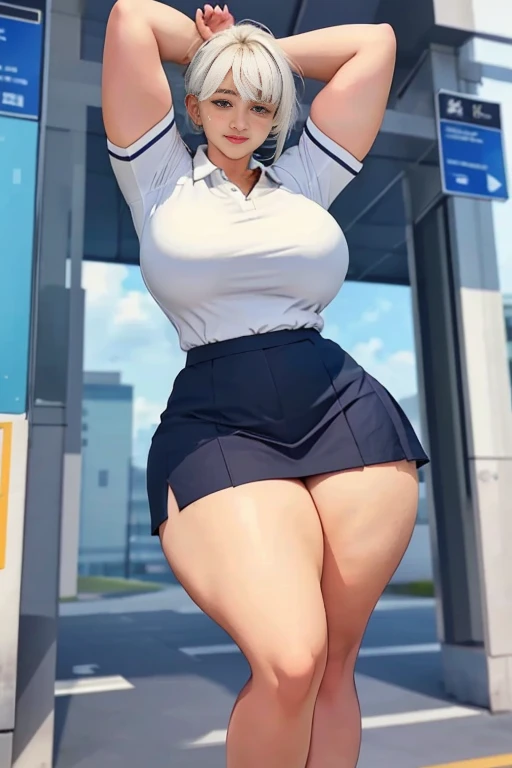 short skirt ,white polo shirt,(long legs:1.3) ,(big breasts:1.3),(thick arms:1.3)