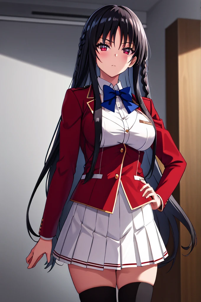 (masterpiece:1.3), (best quality:1.1), (8k, ultra detailed, ultra high res:1.2), (anime style), perfect 5 fingers, perfect anatomy, hands on own hips,
1girl,
Suzune Horikita,
Suzune Horikita \(youjitsu\),
BREAK long hair, braid,
black hair,
red eyes, (focus detailed eyes:1.2),
blue bow,
(medium breasts:0.9),
BREAK red jacket, long sleeves, white skirt, pleated skirt, black thigh-high socks,
looking at viewer,
cowboy shot,
perfect light, indoor, class room,
