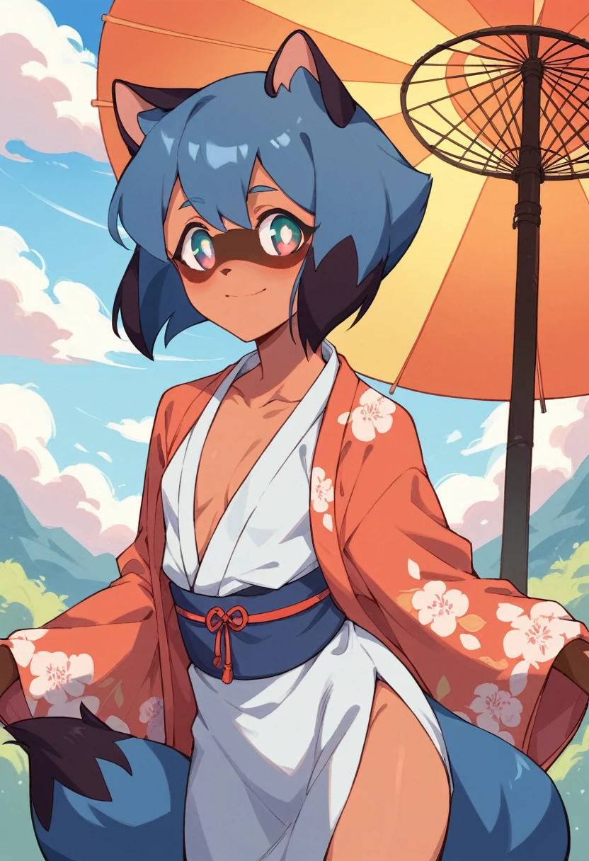 (fluffy human hairy:1.3), Furry raccoon, (michiru:1.1), Small Breasts, 1 girl, alone, blue hair, Two-tone hair, (Colorful eyes:1.3), Fox ears, kimono dress, outdoor, NSFW