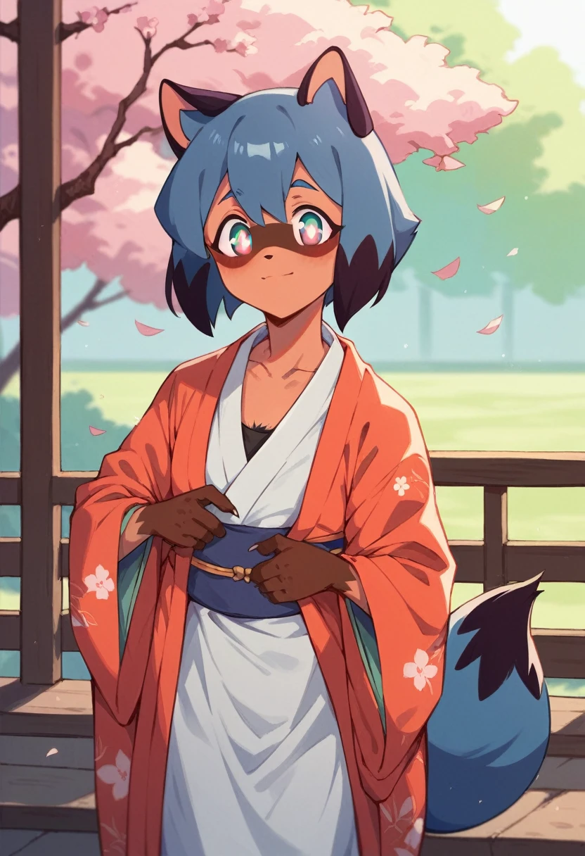 (fluffy human hairy:1.3), Furry raccoon, (michiru:1.1), Small Breasts, 1 girl, alone, blue hair, Two-tone hair, (Colorful eyes:1.3), Fox ears, kimono dress, outdoor, NSFW