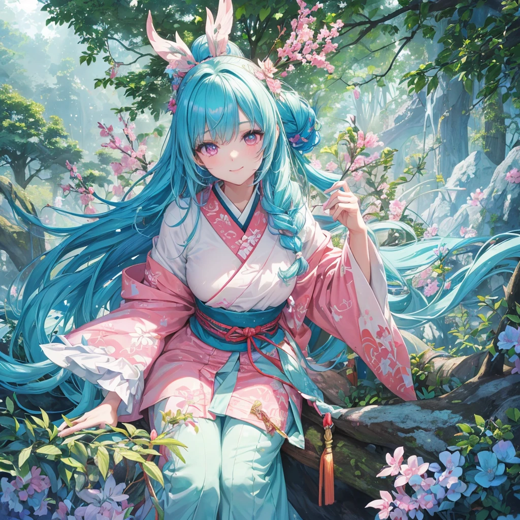 sky Blue hair, (braided ponytail),(pink eyes),fair skin ,(full body),1 girl,smile,white red kimono,Fresh green forest,Forest Goddess,Straight Bangs,(masterpiece, best quality, ultra-detailed, best shadow), (detailed background), (beautiful detailed face), high contrast, (best illumination, an extremely delicate and beautiful), ((cinematic light)), colorful, hyper detail, dramatic light, intricate details,guardian of the forest,Leaf Blizzard,high quality,