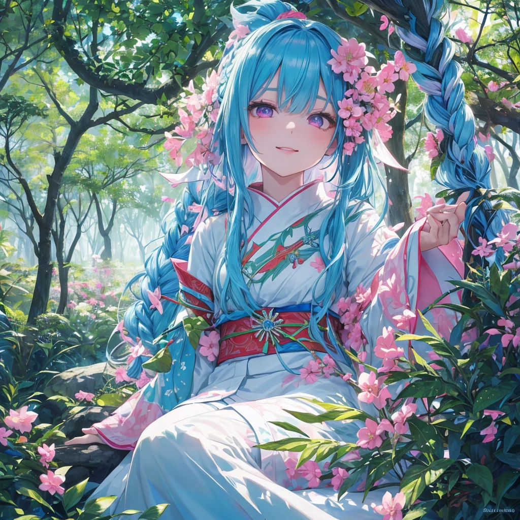 sky Blue hair, (braided ponytail),(pink eyes),fair skin ,(full body),1 girl,smile,white red kimono,Fresh green forest,Forest Goddess,Straight Bangs,(masterpiece, best quality, ultra-detailed, best shadow), (detailed background), (beautiful detailed face), high contrast, (best illumination, an extremely delicate and beautiful), ((cinematic light)), colorful, hyper detail, dramatic light, intricate details,guardian of the forest,Leaf Blizzard,high quality,