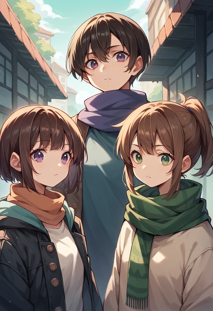 3 girls 3 people anime, one with short hair, purple eyes, the second is red, her hair is tied in a ponytail, green eyes with a scarf, the three was her short hair with brown bangs and her brown eyes.