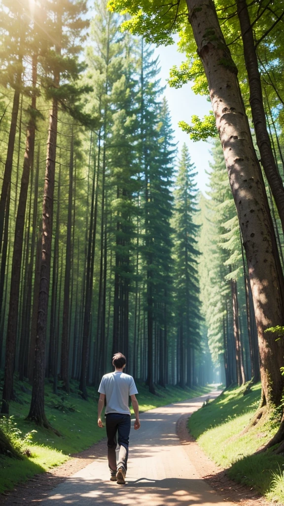 of a guy,Sunny weather,Walk in the forest
