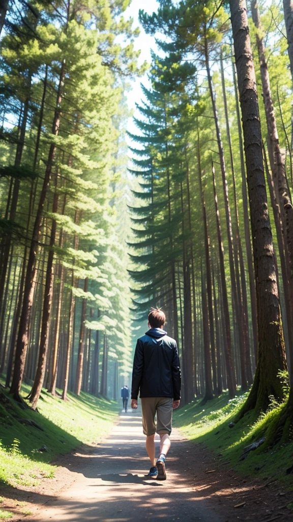 of a guy，Sunny weather，Walk in the forest