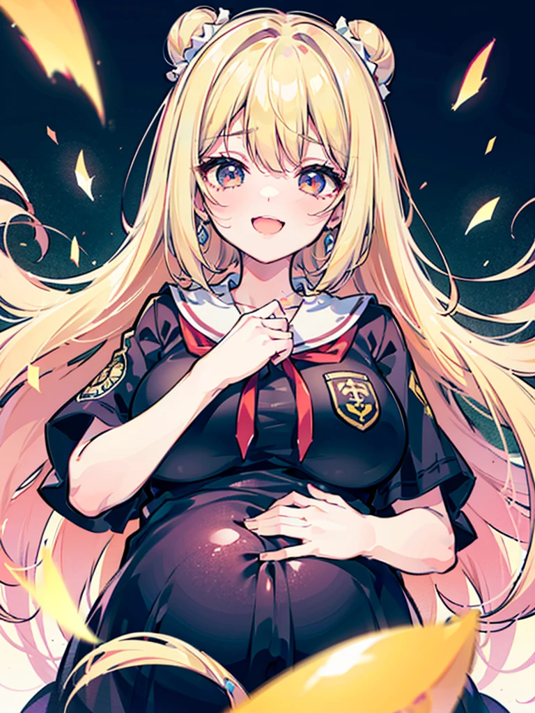 ice wallenstein, Behind Wallenstein, blonde hair, hair between eyes, hair band, long hair, (yellow eyes:1.5), happy smile, smile, open your mouth,black sailor suit,black pleated skirt,black pantyhose,Pregnant, childbirth, work, Pregnantのお腹を抱きしめる,brown loafers,evening,sunset,break looking at viewer, break outdoors,city,building street, break (masterpiece:1.2), highest quality, High resolution, unity 8k wallpaper, (shape:0.8), (fine and beautiful eyes:1.6), highly detailed face, perfect lighting, Very detailed CG, (perfect hands, perfect ???????),