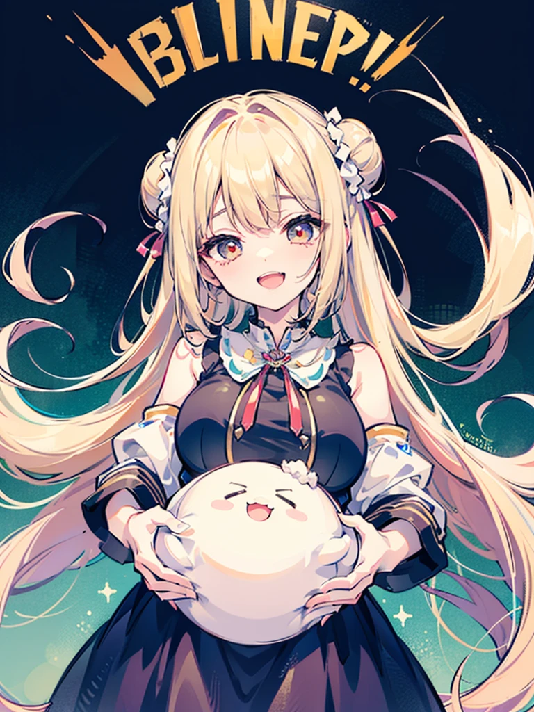 Bishojo anime style,pregnant high school girl,white huge maternity ,blonde curled fringe with bun hair,
scrunchie,Semicircular eyes,laugh,happy,love, aura of love, agape,
