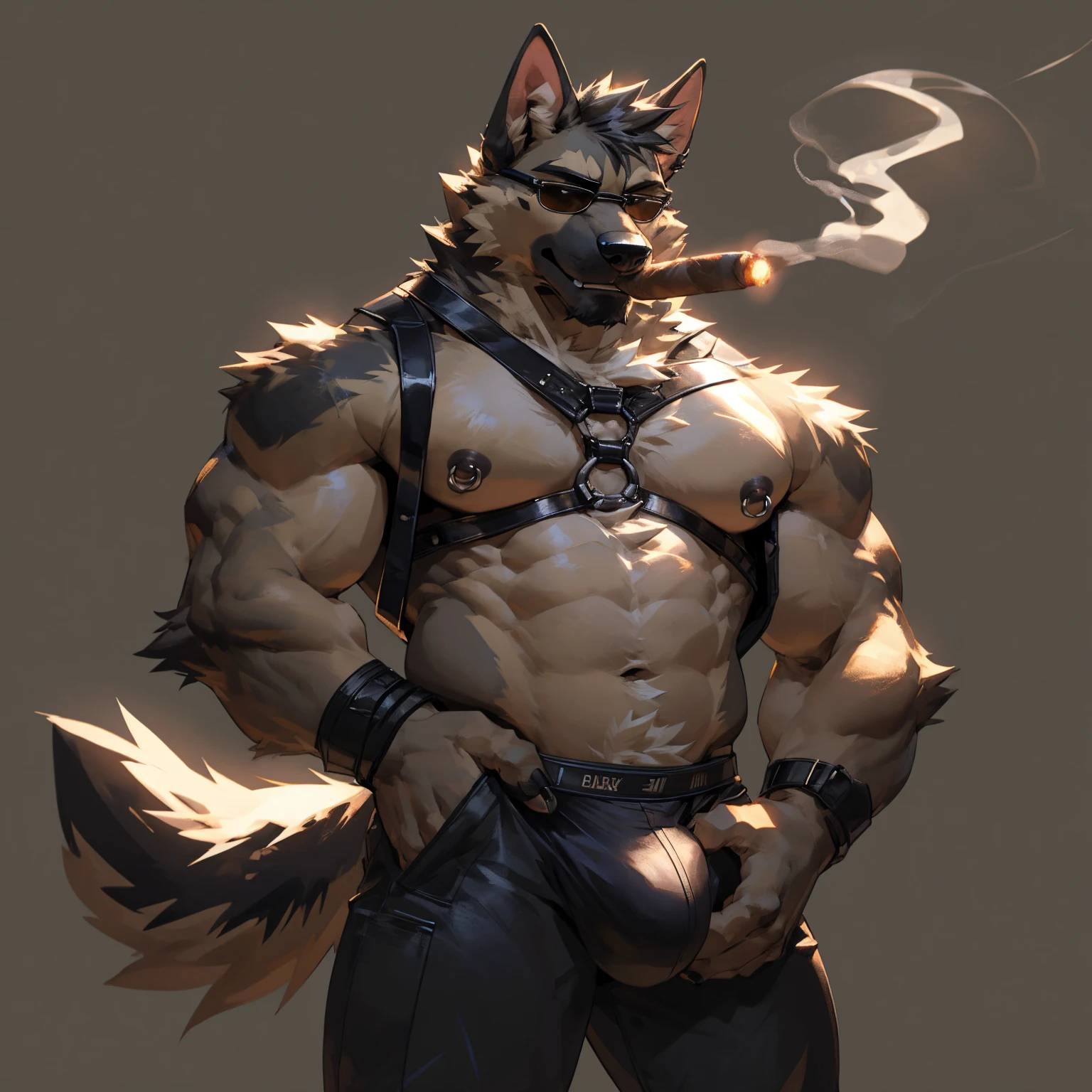 Solo, male, medium muscular, german shepherd, dog, shirtless, black leather jockstrap, jockstrap, leather chest harness, gun thigh holster, leather fingerless gloves, cigar, cigar in mouth, nipple piercing ((focus body, furry focus, shades focus, body shades)) nice body, standing, posing, groping bulge, hand on bulge, touching crotch, model, light, shades, 4k, high quality (((gray background, gray wallpaper, one color))), by darkgem, by mystikfox61