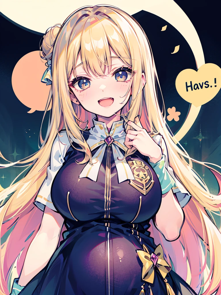 Bishojo anime style,pregnant high school girl,white huge maternity ,blonde curled fringe with bun hair,
scrunchie,Semicircular eyes,laugh,happy,love, aura of love, agape,