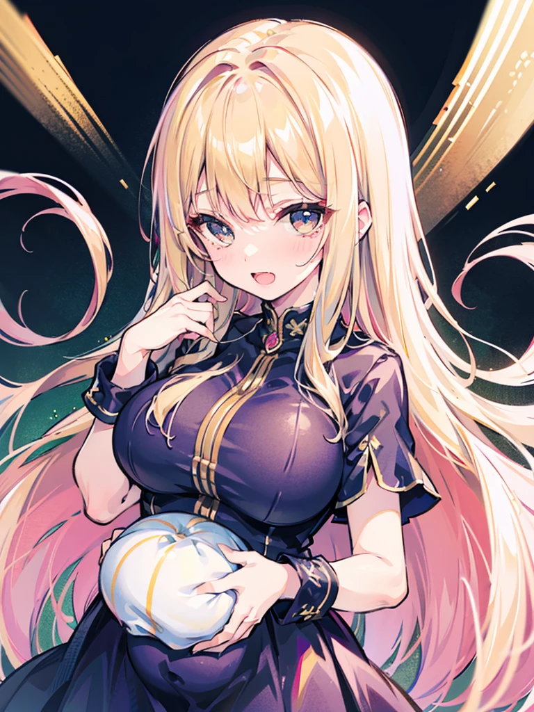 Bishojo anime style,pregnant high school girl,white huge maternity ,blonde curled fringe with bun hair,
scrunchie,Semicircular eyes,laugh,happy,love, aura of love, agape,