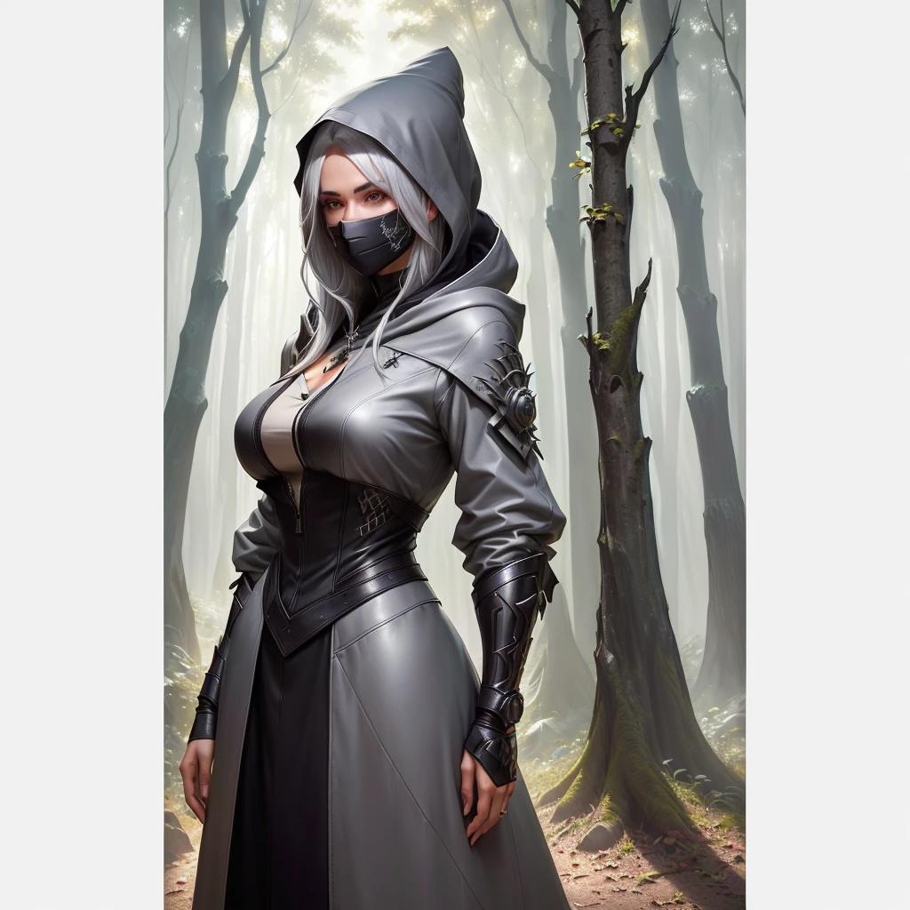 arafed woman with Grey hair and Grey hood and mask hiding face in a forest, portrait of a female warlock, deviantart artstation cgscosiety, steven artgerm lau, artgerm julie bell beeple, alexandra fomina artstation, stanley artgerm lau, trendin on artstation, female mage, very beautiful leather top model