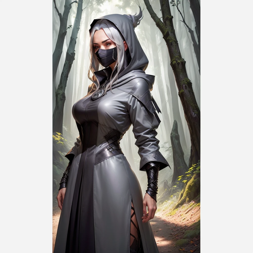 arafed woman with Grey hair and Grey hood and mask hiding face in a forest, portrait of a female warlock, deviantart artstation cgscosiety, steven artgerm lau, artgerm julie bell beeple, alexandra fomina artstation, stanley artgerm lau, trendin on artstation, female mage, very beautiful leather top model
