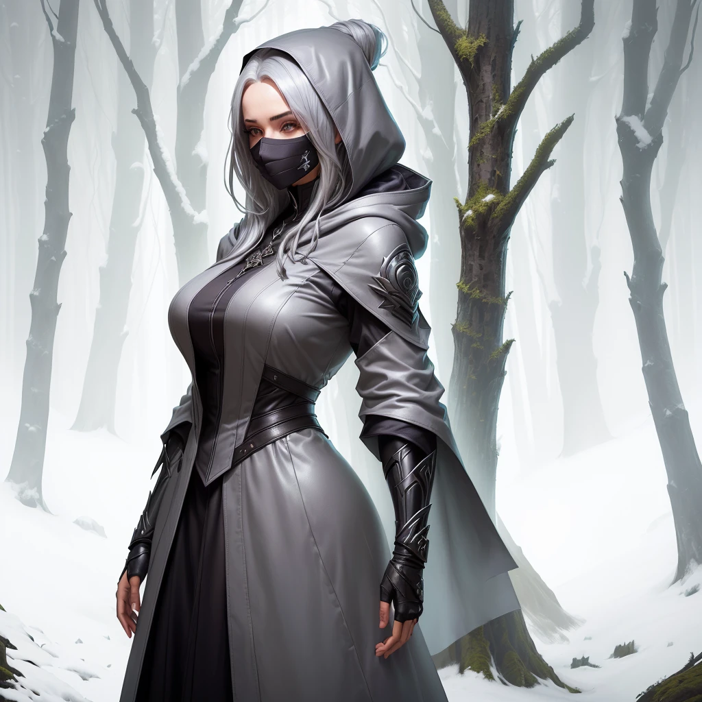 arafed woman with Grey hair and Grey hood and mask hiding face in a forest, portrait of a female warlock, deviantart artstation cgscosiety, steven artgerm lau, artgerm julie bell beeple, alexandra fomina artstation, stanley artgerm lau, trendin on artstation, female mage, very beautiful leather top model
