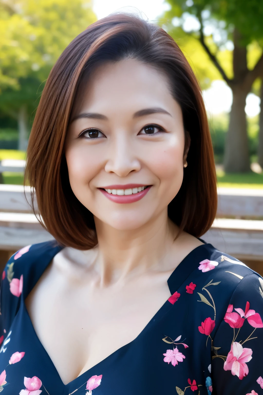 8k wallpaper, masterpiece, Highest quality, Super detailed, One Mature Woman, 50 years old, Become very clear, Wearing a short-sleeved blouse, Skin dents, Captivating smile, Looking at the audience, Cleavage, plump, Curvaceous, Fascinating face, Smiling with teeth showing, Wrinkles around the eyes, Sitting on a park bench, Background Blur