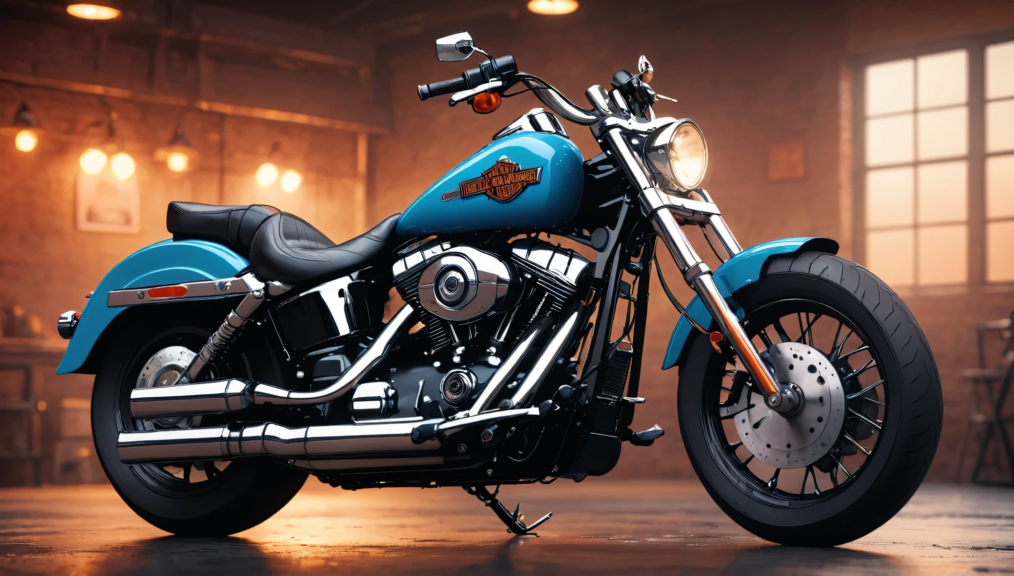 a detailed harley davidson motorcycle, empty environment, (best quality,4k,8k,highres,masterpiece:1.2),ultra-detailed,(realistic,photorealistic,photo-realistic:1.37),studio lighting,ultra-fine painting,sharp focus,physically-based rendering,extreme detail description,professional,vivid colors,bokeh,dramatic lighting,moody atmosphere,cinematic,epic scale