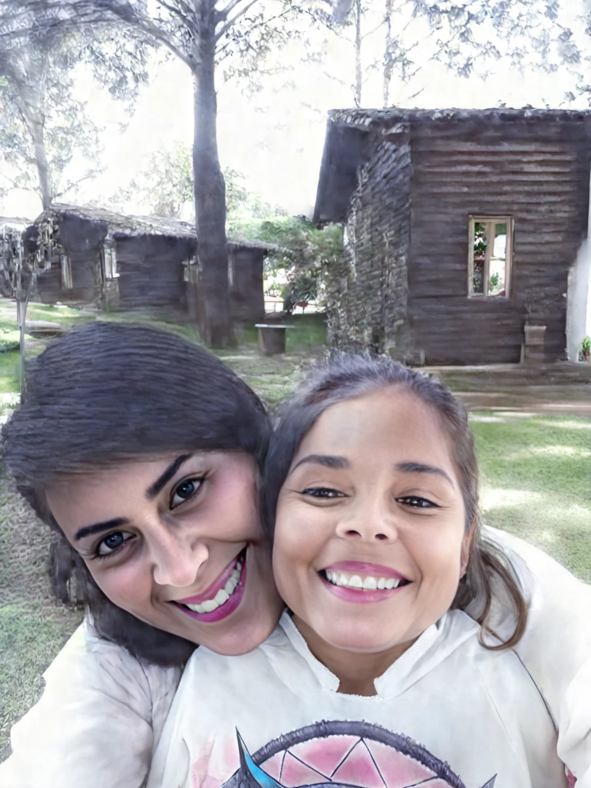 There is a woman and a man who smile for the camera., Brazilian mother of 3 and 5 years., autophoto, with a , Alanis Guillén, autophoto photo, andrea rocha, foto pov, autophoto!!!!!, in front of the house, portrait fashion photo, Photo, by Nándor Katona, fernanda suarez, smiling happily at the camera