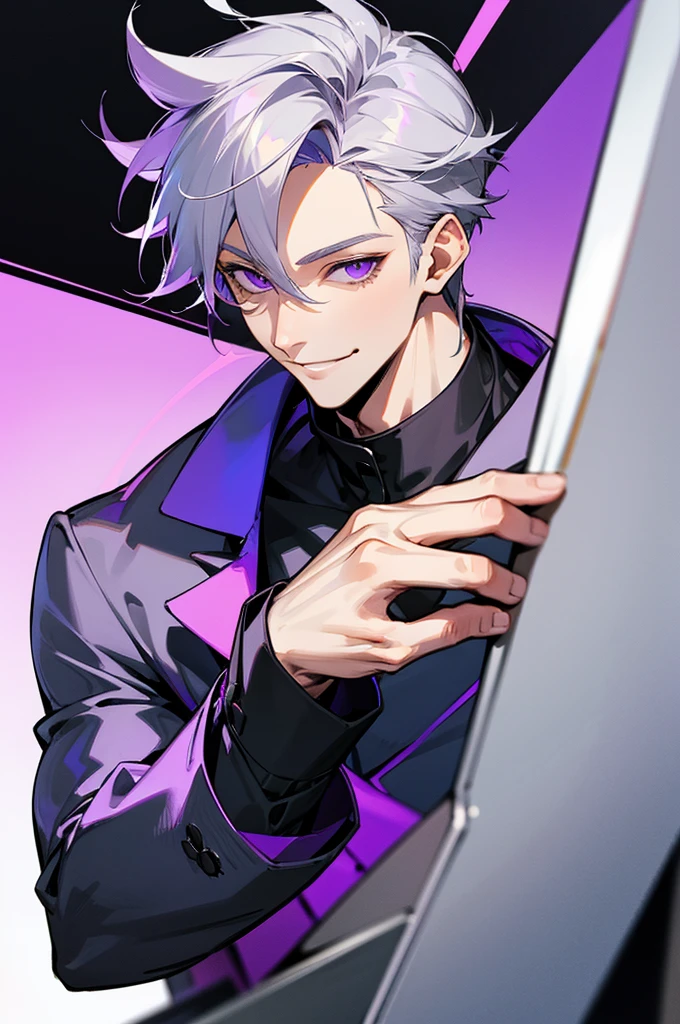 Young man, grey hair, purple eyes, smile face, modern style, handsome man, cool boy, bad boy