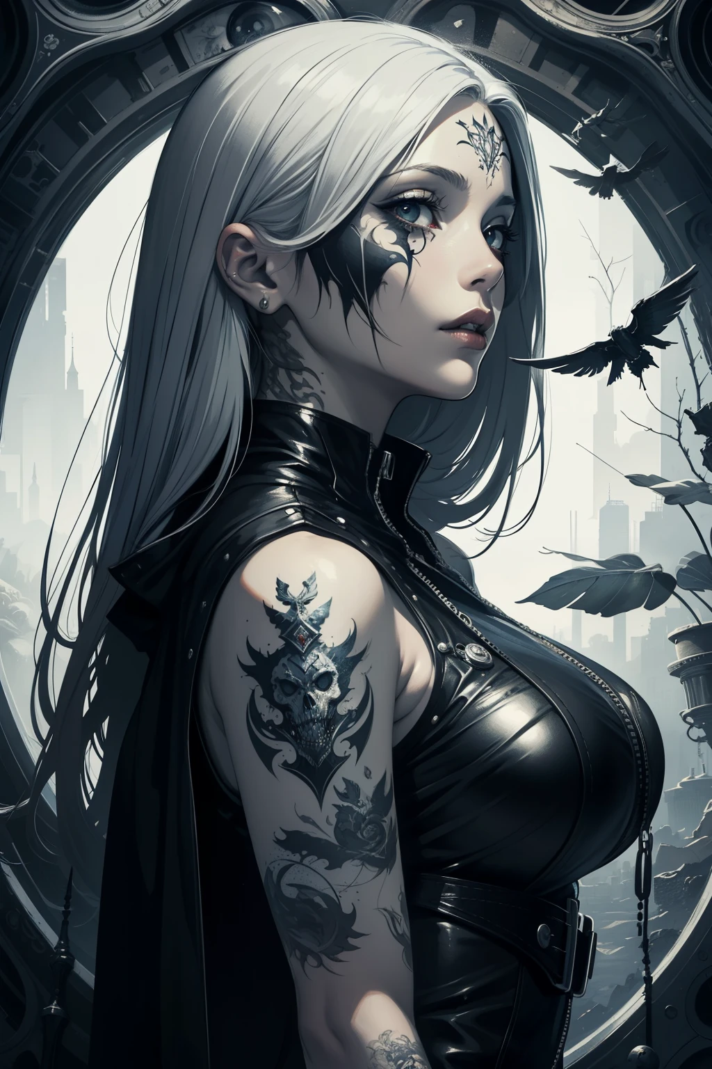 Create an elaborate piece of artwork featuring a female figure with tattoos. The style should resemble intricate black and white illustrations, showcasing fantastic and grotesque elements. The painting should depict detailed character illustrations with a sense of reflection and stillness, incorporating chromepunk aesthetics and fantasy characters.