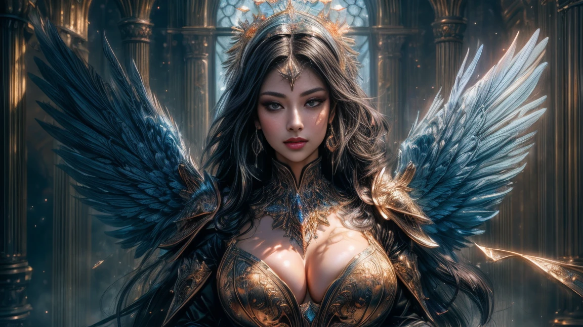 masterpiece, superior quality, best quality, official art, (masterpiece: 1.3), (8k, realistically, RAW photos, best quality: 1.4), ultra high resolution, super real photos, The content is very detailed, golden ratio, (Energetic: 1.3), (saturation: 1.3), unreal engine, (high detail: 1.9, (big breasts), ultra detailed breasts, extremely profiled breasts, Cute woman, Feathered wings, Beautiful armor, Medium Portrait, Drama, (Magic), Highly Detailed Face, Beautiful Detailed Eyes, Beautiful Detailed Lips, Ultra-Detailed Big Breasts, Extremely Shaped Breasts, Extreme Detail Description, Vivid and Intense Colors, Vibrant Colors, Bright Magic Aura, Ethereal Lighting,