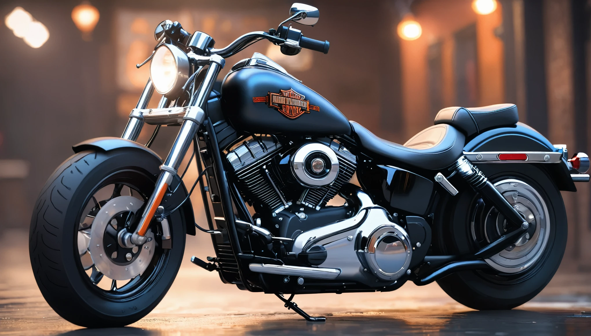 a detailed harley davidson motorcycle, empty environment, (best quality,4k,8k,highres,masterpiece:1.2),ultra-detailed,(realistic,photorealistic,photo-realistic:1.37),studio lighting,ultra-fine painting,sharp focus,physically-based rendering,extreme detail description,professional,vivid colors,bokeh,dramatic lighting,moody atmosphere,cinematic,epic scale