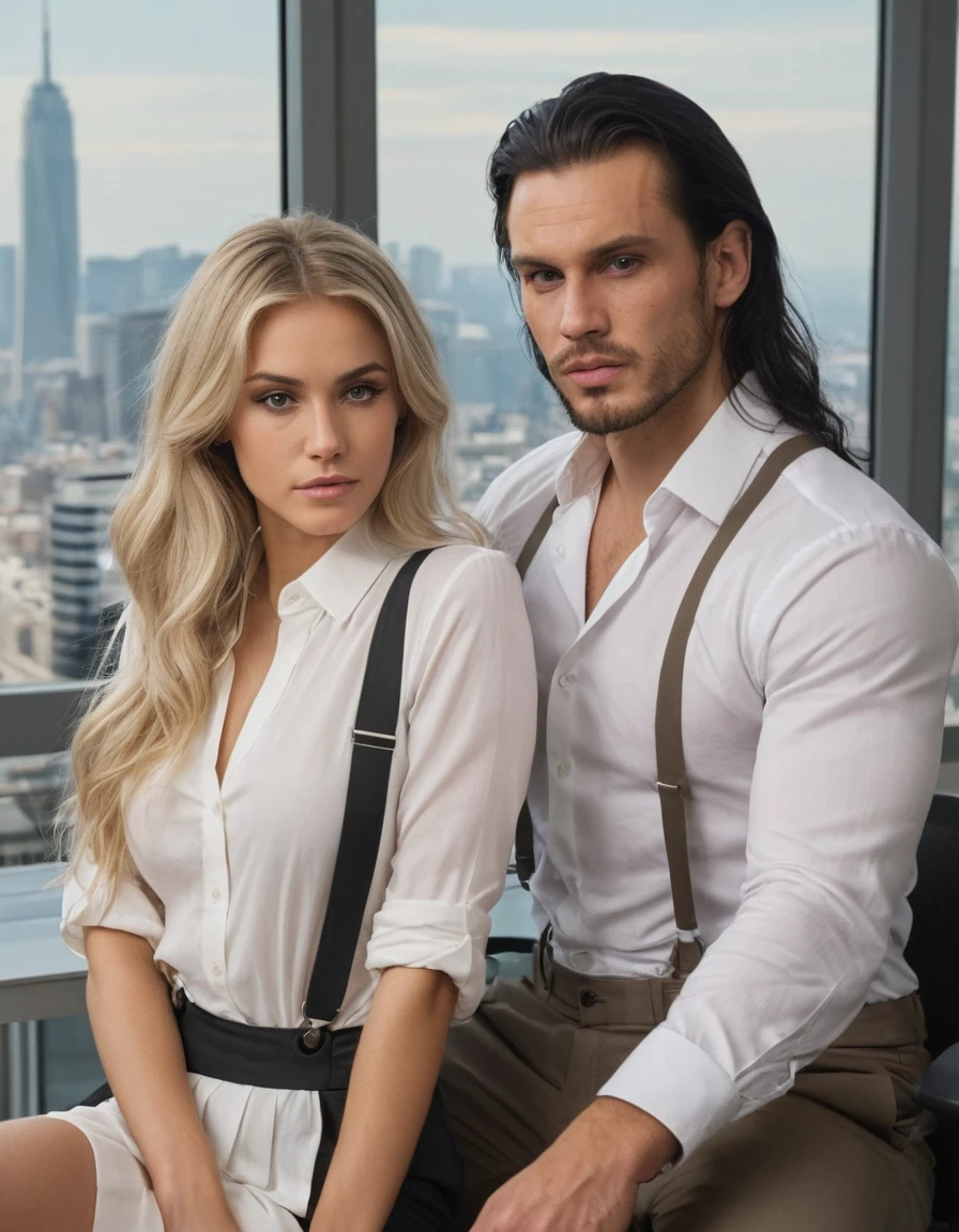 A rugged man with medium-length black hair sits in an office chair. He is dressed in trousers and a white shirt with suspenders, looking confident and serious. A beautiful blonde woman with long hair embraces him and looks at him seductively. She is wearing an elegant dress and looks sexy. The background shows a cityscape outside the window. The picture is rendered in a realistic style