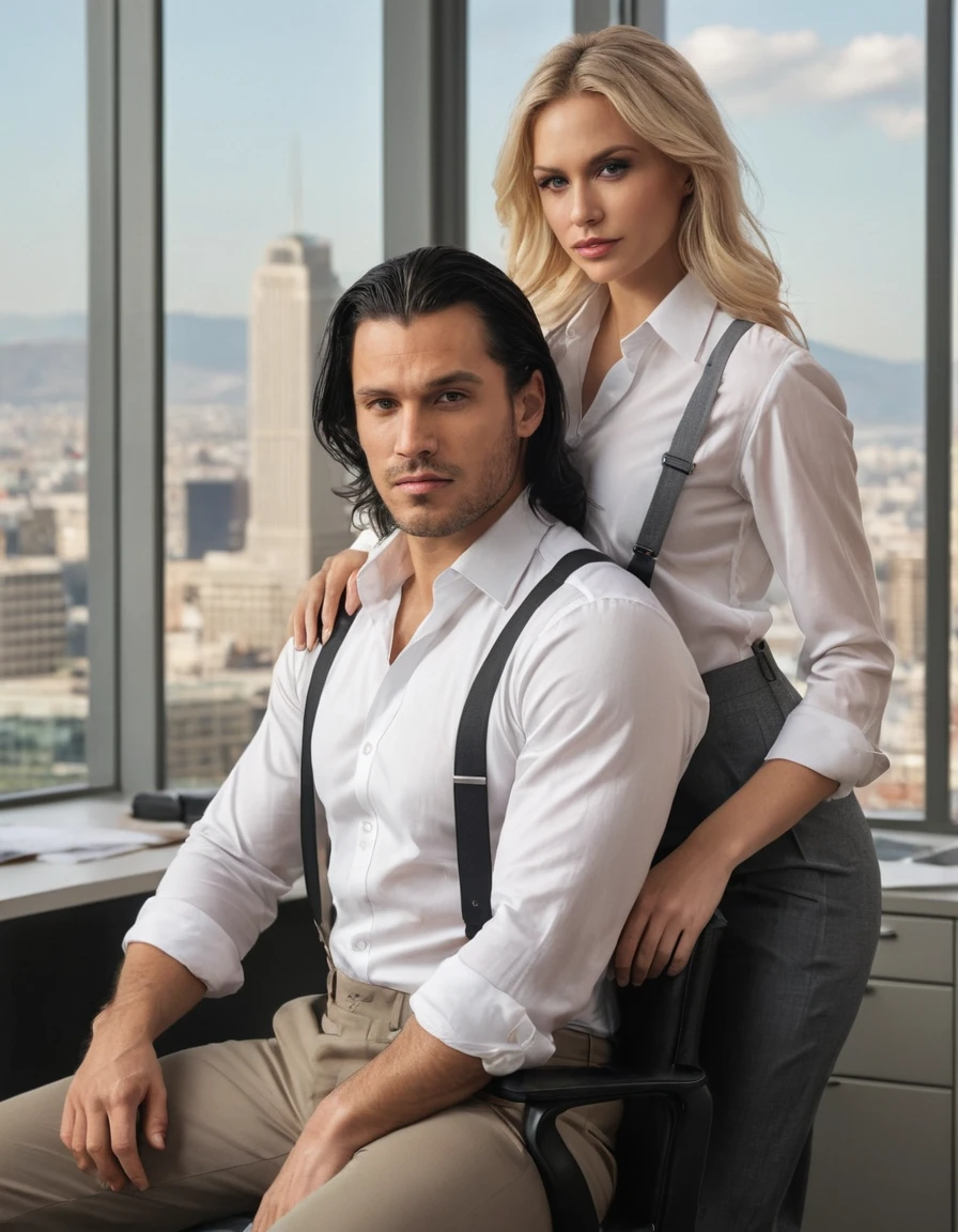 A rugged man with medium-length black hair sits in an office chair. He is dressed in trousers and a white shirt with suspenders, looking confident and serious. A beautiful blonde woman with long hair embraces him and looks at him seductively. She is wearing an elegant dress and looks sexy. The background shows a cityscape outside the window. The picture is rendered in a realistic style