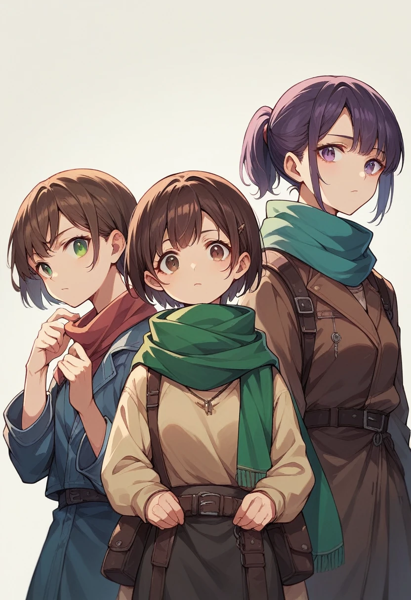3 girls 3 people anime, one with short hair, purple eyes, the second is red, her hair is tied in a ponytail, green eyes with a scarf, the three was her short hair with brown bangs and her brown eyes.