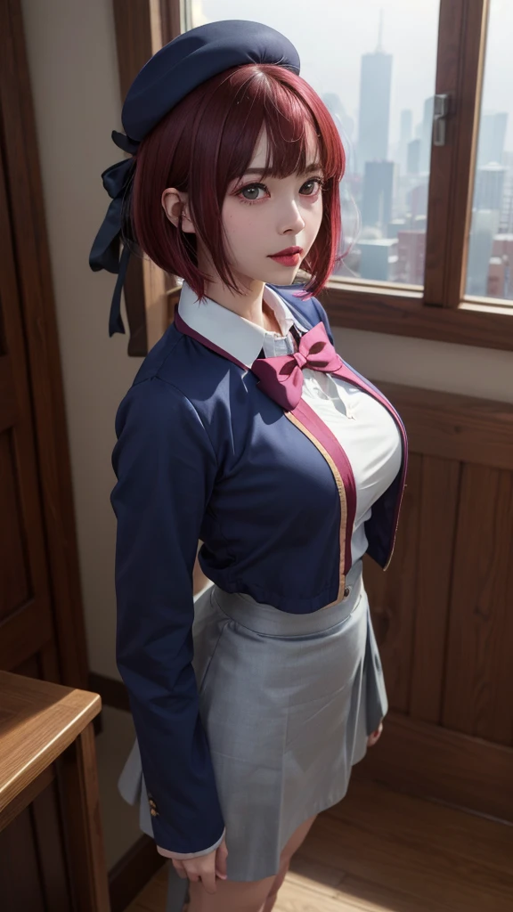 Top quality, 8k, 32k, Masterpiece, photorealistic, realistic, (photorealistic:1,4), solo, slight smile, dramatic lighting, professional makeup, breasts, (natural big breasts: 1.3), (seductive), beautiful white face shining, beautiful face, pink cheeks, beautiful lips, porcelain skin, detail intricate, super detailed, super high, highest detailed, high detailed, delicate, incredible detailed, fine detailed, cinematic lighting, top quality, smooth and beautiful, CG, unity, 8k wallpaper, Stunning, fine detail, unity CG wallpaper 8k ultra-detailed, large file size, masterpiece, best quality, highres, aakana, aakana, short hair, beret, red eyes, blue headwear, red bowtie, collared shirt, blue jacket, open jacket, long sleeves, grey skirt, standing, idle, full body