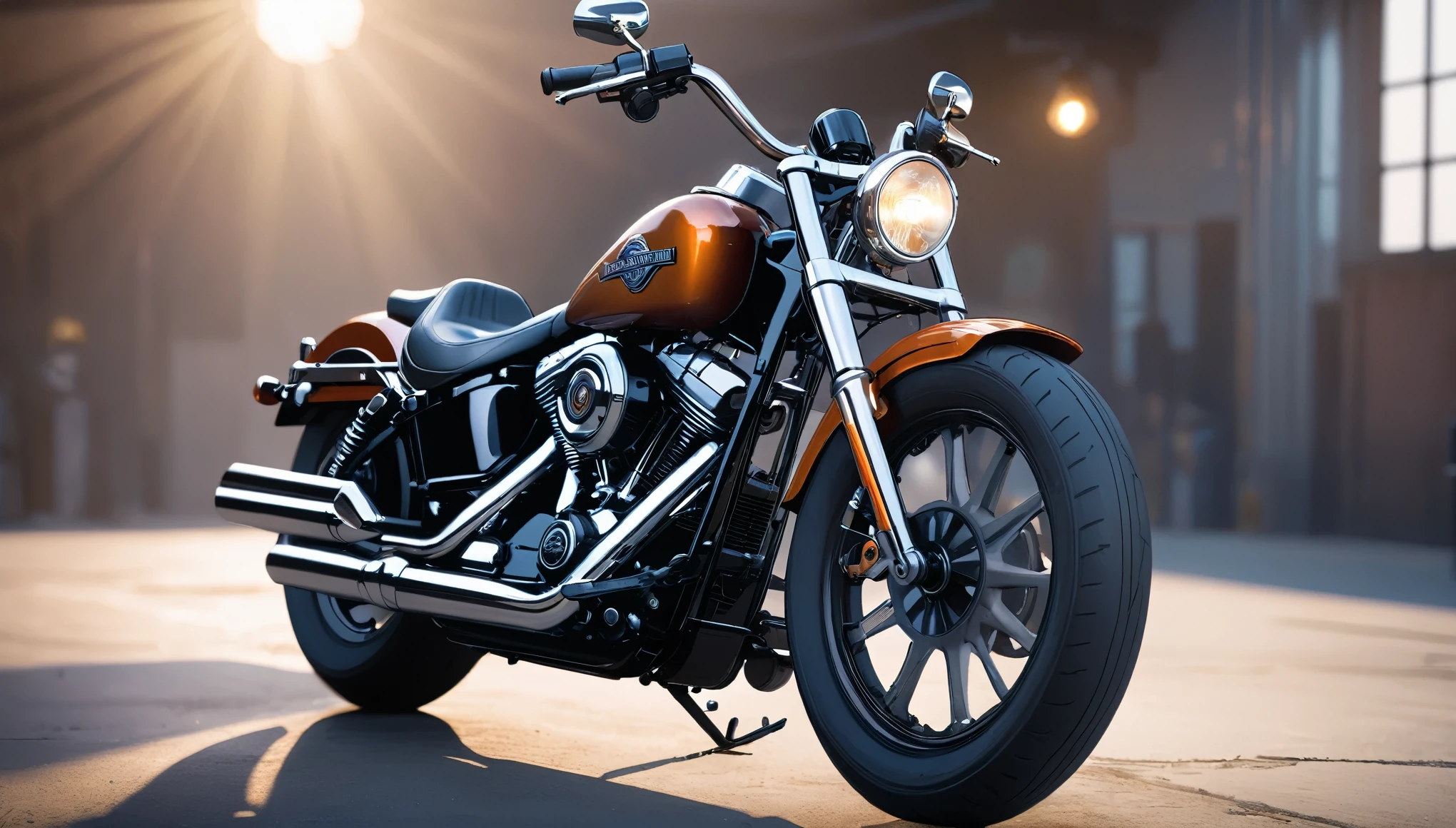a detailed harley davidson motorcycle, empty environment, (best quality,4k,8k,highres,masterpiece:1.2),ultra-detailed,(realistic,photorealistic,photo-realistic:1.37),studio lighting,ultra-fine painting,sharp focus,physically-based rendering,extreme detail description,professional,vivid colors,bokeh,dramatic lighting,moody atmosphere,cinematic,epic scale