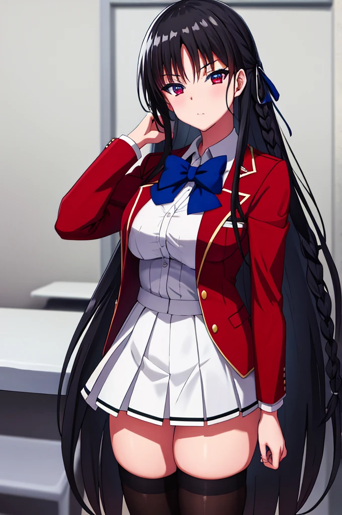 (masterpiece:1.3), (best quality:1.1), (8k, ultra detailed, ultra high res:1.2), (anime style), perfect 5 fingers, perfect anatomy, arms behind head,
1girl,
Suzune Horikita,
Suzune Horikita \(youjitsu\),
BREAK long hair, braid,
black hair,
red eyes, (focus detailed eyes:1.2),
blue bow,
(medium breasts:0.9),
BREAK red jacket, long sleeves, white skirt, pleated skirt, black thigh-high socks,
looking at viewer,
cowboy shot,
perfect light, indoor, class room,