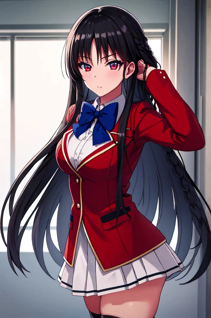 (masterpiece:1.3), (best quality:1.1), (8k, ultra detailed, ultra high res:1.2), (anime style), perfect 5 fingers, perfect anatomy, arms behind head, 
1girl,
Suzune Horikita, 
Suzune Horikita \(youjitsu\),
BREAK long hair, braid, 
black hair, 
red eyes, (focus detailed eyes:1.2), 
blue bow, 
(medium breasts:0.9), 
BREAK red jacket, long sleeves, white skirt, pleated skirt, black thigh-high socks, 
looking at viewer, 
cowboy shot, 
perfect light, indoor, class room, 