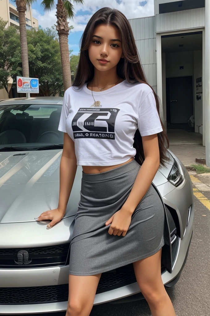 A 20 year old sexy girl, Wearing t shirt and skirt, long beautiful hair, she standing ahed the doge car,she looking so sexy