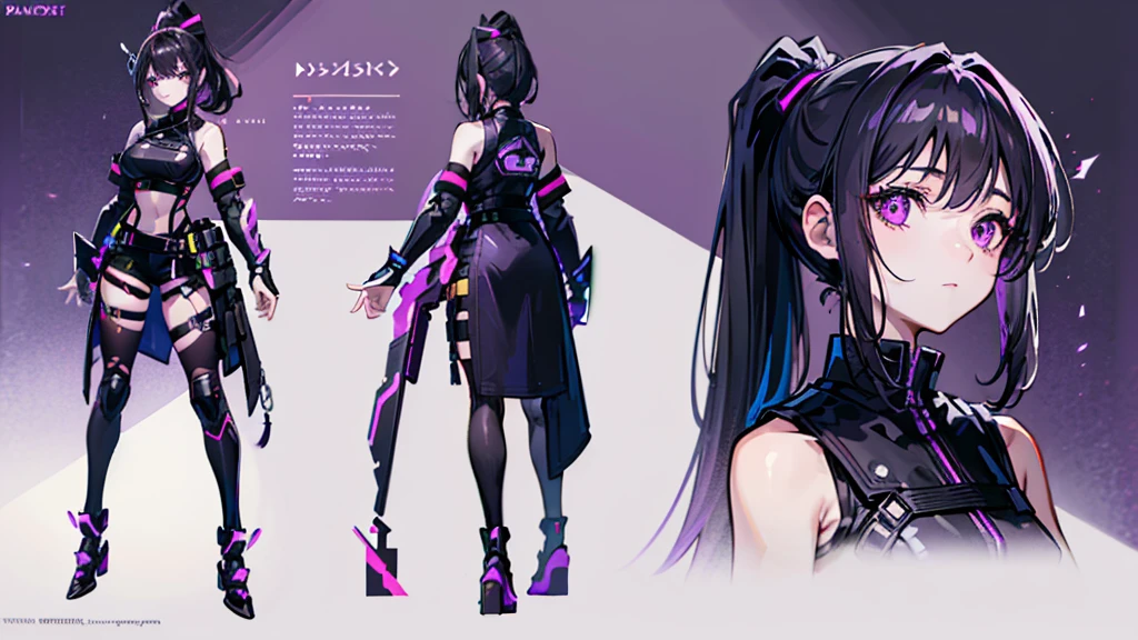 One girl,human, Dark hair with purple strands, Ponytail, purple eyes, black outfit,wearing bulletproof vest, beautiful, masterpiece, best quality, perfect lighting, extremely detailed CG unity 8k wallpaper, reference sheet, model sheet, simple white background, (multiple views, [from behind|from side|from front|close-up|upper body|portrait]:1),