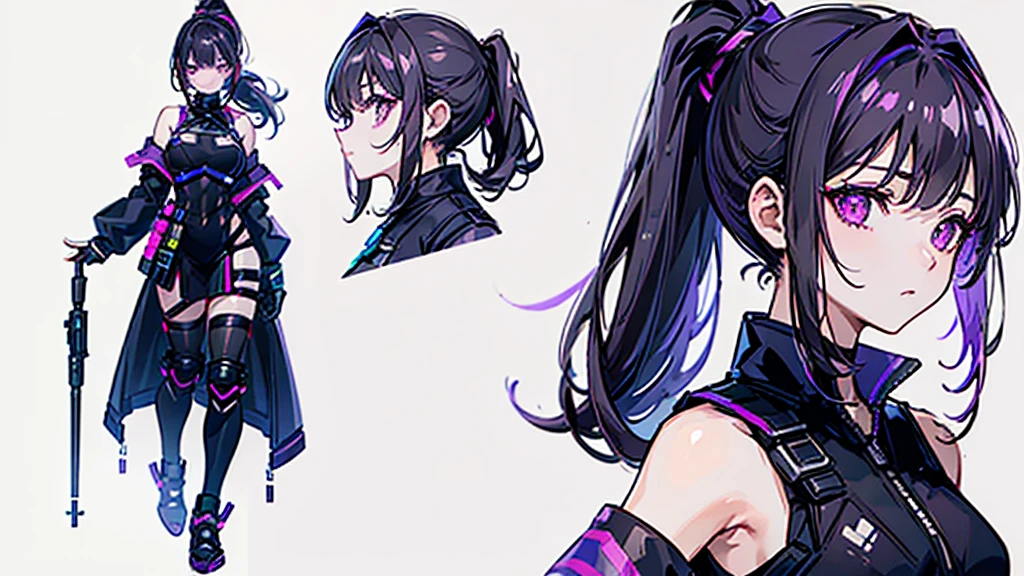 One girl,human, Dark hair with purple strands, Ponytail, purple eyes, black outfit,wearing bulletproof vest, beautiful, masterpiece, best quality, perfect lighting, extremely detailed CG unity 8k wallpaper, reference sheet, model sheet, simple white background, (multiple views, [from behind|from side|from front|close-up|upper body|portrait]:1),
