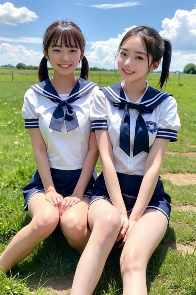 2 girls in rural field,cumulonimbus cloud in summer blue sky,white sailor shirt with red bow tie,white panties with navy blue frills,18-year-old,bangs,a little smile,thighs,knees,short hair with low pigtails bunches,from below,front light