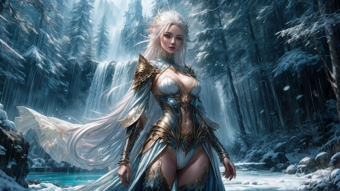 (8K, High Quality, High Details, UHD, Porcelain Skin, Masterpiece: 1.2), Shiny Eyes, Thick Forest, Small Lake with Waterfalls, Flower Petals by the Lake, LUSH VEGETATION, Cute Woman, Detailed & Perfect Face, Detailed & Beautiful Eyes, Ultra Detailed Tits, Extremely Shaped Tits, (Skimpy Clothes), By T-shirt You Can See Nipples, By Panties You Can See Pussy, Extremely Shaped Nipples, Wet Neckline, Wet White T-Shirt, It's Raining, Extreme Details Description, vivid colors, (the girl's pose is provocative, sexy, erotic and seductive), cameltoe, Vibrant Colors, Bright Magic Aura, Ethereal Lighting, White Haired Woman in Skimpy Outfit Stands in the Snow, Fantasy Art Style, 8K Fantasy Art, Fantasy Woman, Epic Fantasy Art Style, Digital Fantasy Art), Karol Bak UHD, Epic Fantasy Digital Art Style, Beautiful Fantasy Art, 8k Fantasy Art, Fantasy Artwork