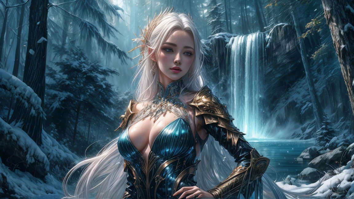 (8K, High Quality, High Details, UHD, Porcelain Skin, Masterpiece: 1.2), Shiny Eyes, Thick Forest, Small Lake with Waterfalls, Flower Petals by the Lake, LUSH VEGETATION, Cute Woman, Detailed & Perfect Face, Detailed & Beautiful Eyes, Ultra Detailed Tits, Extremely Shaped Tits, (Skimpy Clothes), By T-shirt You Can See Nipples, By Panties You Can See Pussy, Extremely Shaped Nipples, Wet Neckline, Wet White T-Shirt, It's Raining, Extreme Details Description, vivid colors, (the girl's pose is provocative, sexy, erotic and seductive), cameltoe, Vibrant Colors, Bright Magic Aura, Ethereal Lighting, White Haired Woman in Skimpy Outfit Stands in the Snow, Fantasy Art Style, 8K Fantasy Art, Fantasy Woman, Epic Fantasy Art Style, Digital Fantasy Art), Karol Bak UHD, Epic Fantasy Digital Art Style, Beautiful Fantasy Art, 8k Fantasy Art, Fantasy Artwork
