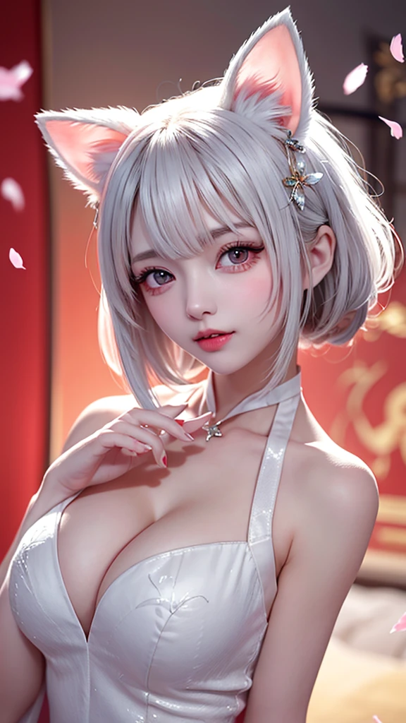 Gentle and lovely Chinese beauty, Exquisite and sexy clavicle, Charming goose egg face, Double eyelids, Bright peach blossom eyes, Pink lips, Small upturned nose, Bare shoulders, focused face, Close-up of face, Ultra HD, Super Detail, full-body shot, Ultra-thin translucent, Cat ears, Snowflakes falling, Pure white hair, (High detail fingers: 1.5)，((red eyes:1.2)),(big breasts:1.2),Exposing huge breasts，Reveals huge cleavage，绿色的short hair，short hair，short hair，Red eyes，Exposing huge breasts，Reveals huge cleavage，绿色的short hair，short hair，short hair，Red eyes，