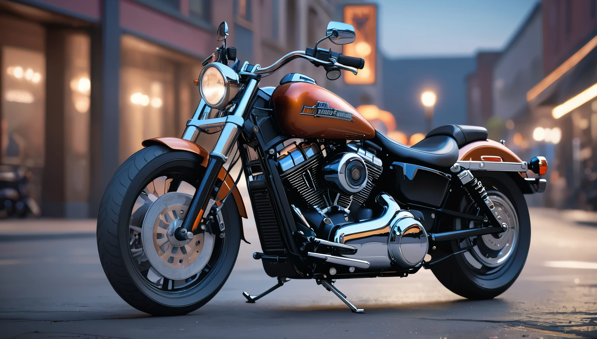 a detailed harley davidson motorcycle, empty environment, (best quality,4k,8k,highres,masterpiece:1.2),ultra-detailed,(realistic,photorealistic,photo-realistic:1.37),studio lighting,ultra-fine painting,sharp focus,physically-based rendering,extreme detail description,professional,vivid colors,bokeh,dramatic lighting,moody atmosphere,cinematic,epic scale